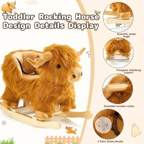 Baby Rocking Horse,Highlander Cattle Wooden Rocking Horse for Toddlers 1 Year Old Cute Cow Stuffed Plush Ride-on Toy Rocking Animal for Baby Boys and Girls Nursery/Child Christmas or Birthday Gift