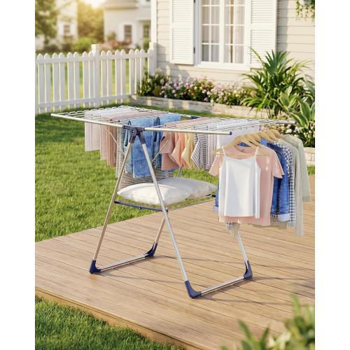 Sakugi Clothes Drying Rack with Height-Adjustable Wings, Metal Foldable Laundry Dryer Stand for Clothing & Bedding, Free-Standing Collapsible for Indoor & Outdoor Use, 55.5 L × 22.8 W, Silver Blue