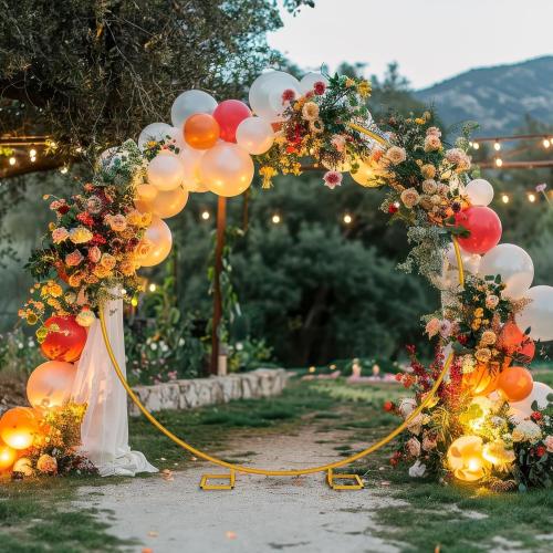 Minetom 6.6FT Round Metal Backdrop Stand with White Wedding Arch Cover Spandex, Gold Wedding Balloon Arch Backdrop Stand Round Arch Frame for Birthday Party Baby Shower Graduation Ceremony Decoration