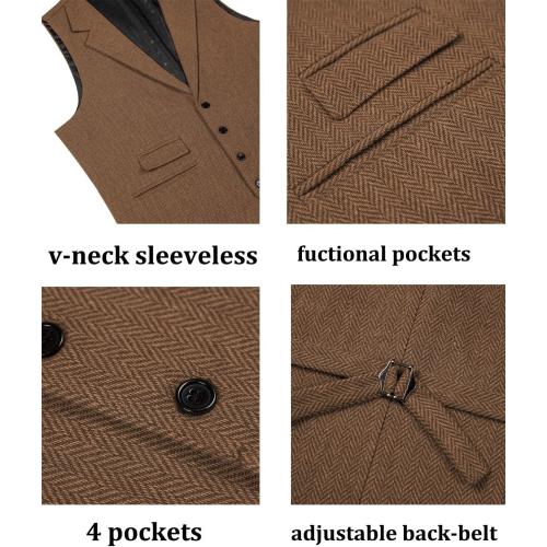 Size XL Solove-Suit Mens Vintage Tweed Suit Vest Notch Lapel Dress Waistcoat Western Cowboy Vest