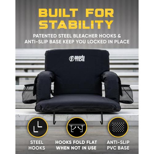 BRAWNTIDE Stadium Seat for Bleachers with Back Support - Wide Padded Reclining Bleacher Seat, Portable Folding Stadium Chair with Armrests, Hooks, Straps, Cup Holders & Pockets (Black, 23)