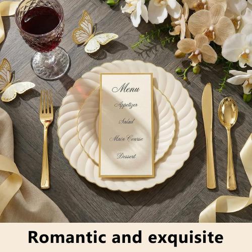 YOUBET 125PCS Scalloped Plastic Plates - Ivory Scalloped Disposable Plates - Gold Plastic Dinnerware Set Include 50 Plates, 75 Gold Silverware for Party & Wedding
