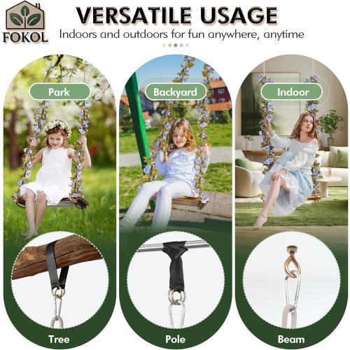 2026 Upgraded Large Wooden Swing Seat, 24x 8, Hanging Tree Swing for Adults & Kids, 500lbs Load, Adjustable Nylon Rope & Tree Straps, Indoor/Outdoor Swings with Purple Floral Garland
