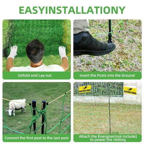 Size Large Color Green and yellow Electric Fence Netting, Electric Livestock Netting with 14 Double Barbed Poles, Suitable for Pigs, Cows, Sheep and Other Large Animals, Portable Electric Fence for Farms, Ranches