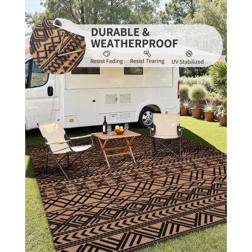 MontVoo-Outdoor Rug Carpet Waterproof Reversible Patio Rug RV Camping Rug-Plastic Straw Rug Outside Indoor Outdoor Area Rug for Patio Deck Balcony Picnic Beach Outdoor Decor Boho Black Brown