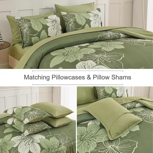 Luxudecor Floral Comforter Set Queen Size, 7 Pieces Bed in a Bag Olive Green Floral Comforter and Sheet Set, Soft Microfiber Green Complete Bedding Sets for All Seasons