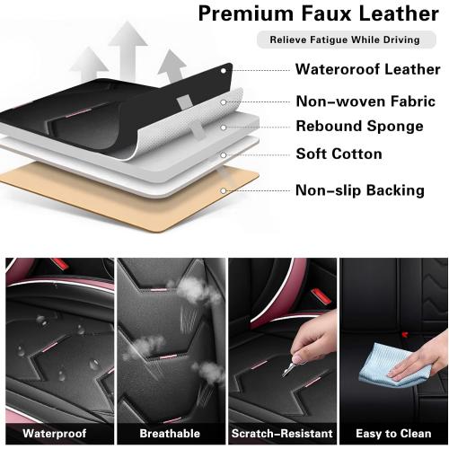 otoez Car Seat Covers Full Set, 5 Seat Pink Leather Seat Cover for Car, Waterproof Automotive Front and Back Seat Protectors for Most Sedens Trucks SUVs, Black & tan with pillows