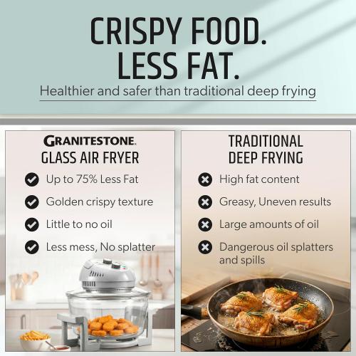 Granitestone 16Qt Large Glass Air Fryer Non Toxic – Family Sized Airfyrer Cooker with 3 Cooking Sections, Stainless Steel Racks, for French Fries, Chicken, No Preheat, Self Cleaning, Dishwasher Safe