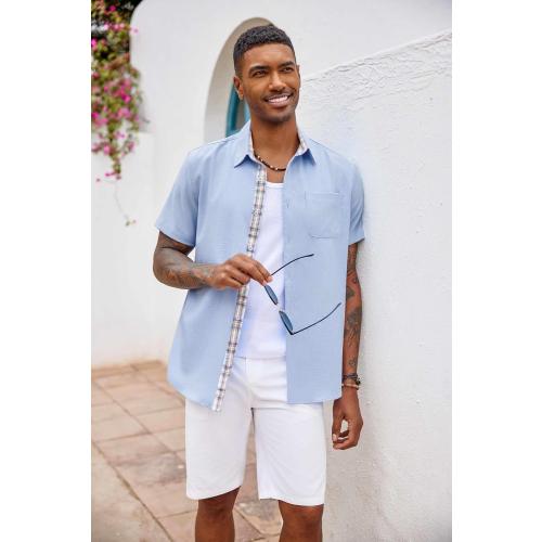 Size L..COOFANDY Men's Button Down Shirts Short Sleeve Casual Shirts Summer Beach Shirts Vacation Wedding Shirts with Pocket