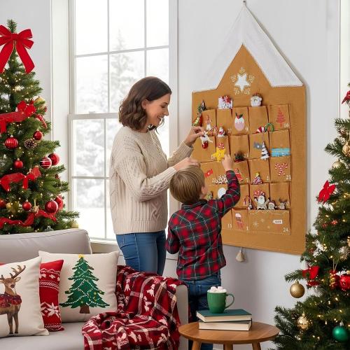 SATINIOR Christmas Advent Calendar with Pockets Gingerbread Empty Advent Calendar to Fill 24 Days Reusable Natural 24 Days Countdown Hanging Storage Bag for Home Xmas Countdown Decoration