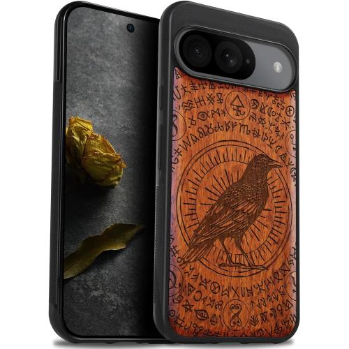 Carveit Wood Case for Pixel 9 Case [Natural Wood & Black Soft TPU] Shockproof Protective Unique Wooden Cover Compatible with Google Pixel 9 (The Haloed Crow-Rosy)