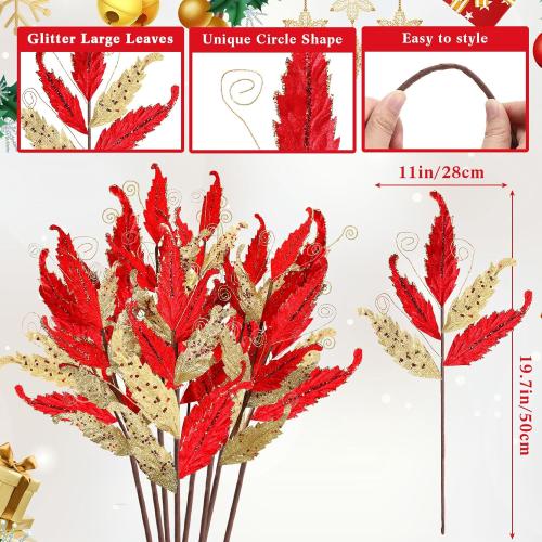 HyDren 10 Pcs Christmas Glitter Leaves Large Ornaments for Christmas Tree Picks Sprays Artificial Stems Branches Twigs Sprigs Floral for Xmas Tree Wreath Garland Vase DIY Decor(Red and Gold)