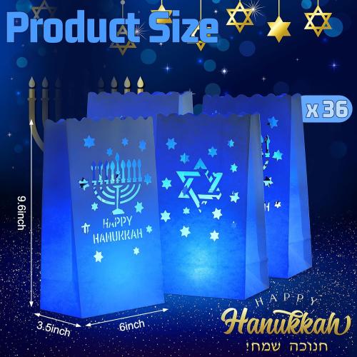 36 Set Hanukkah Decorations Blue Luminary Bags with Flameless Candles Chanukah Luminary Bags with Battery Tea Lights Happy Hanukkah LED Moisture-Proof Lanterns Jewish Holiday Decor Gifts