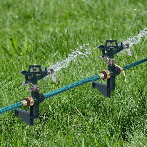 2 Pack Impact Sprinkler Head on Metal Step Spike, Heavy Duty Zinc Alloy Lawn Sprinkler, Adjustable Coverage Nozzle on Sturdy Spike Base, 360 Degree Large Area Irrigation, Green