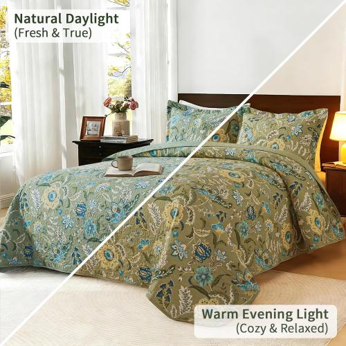 TWINRUN King Size Cotton Quilt Set | Vintage Sage Green/Dusty Blue Bedspread with Botanica (98x106 Inch   2 Pillowcases) | Lightweight Farmhouse Bedding for Coastal & Boho Bedrooms for All Seasons