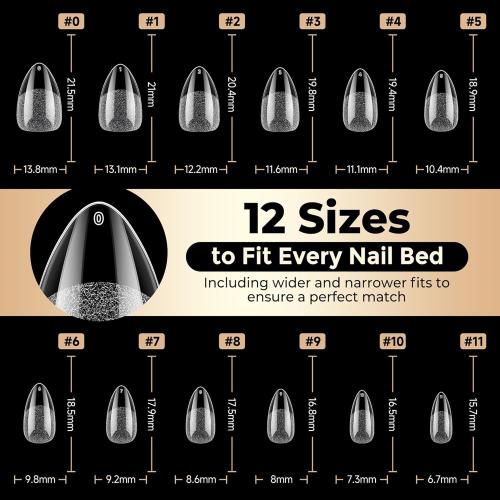 Short Almond Nail Tips: 504pcs Pre-Etched Soft Gel Nail Tips, Tri-Layer Core Short Fake Nails, 12 Sizes Half Matte Full Cover Clear Press on Nails Extension DIY for Flat & Natural Nail Beds