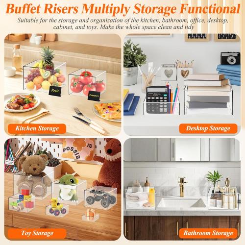 8 Pcs Clear Acrylic Buffet Risers with Mini Sign and Maker,Buffet Risers and Stands Clear Food Display Risers for Buffet Table Party Catering Dessert Cupcake Collectibles (8 7 6 5 5 4 4 3)
