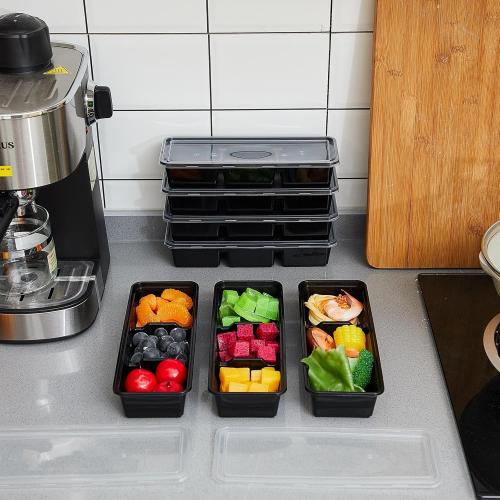 Hushee 10 Pack 17 oz Small Meal Prep Containers with 3 Compartments Snack Containers with Lid Disposable Plastic Bento Box Travel Lunch Food Boxes Stackable for Office Picnic (Black)