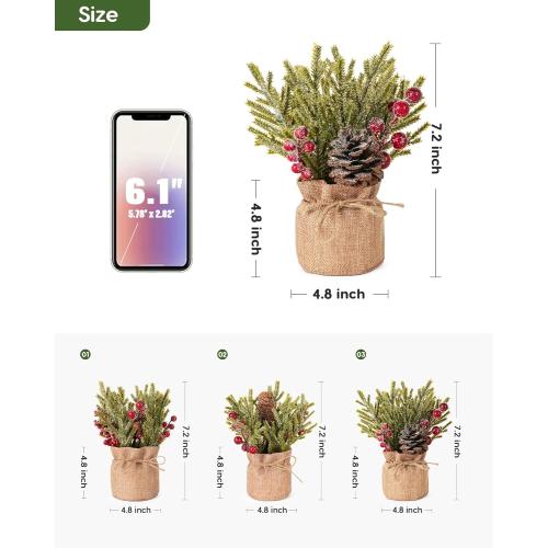 Velener Artificial Christmas Flowers for Outdoor-3 Pcs Faux Pine Branches with Red Berries & Pinecones, Fake Christmas Greenery Stems with Burlap Bag Vase, Winter Norfolk Pine Branches for Indoor