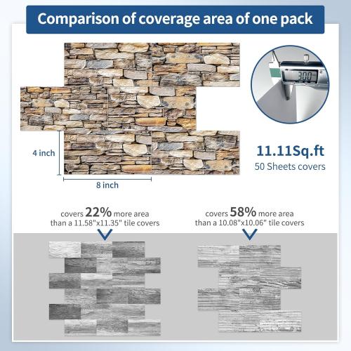 100-Pieces Thick PVC Subway Tile,4x 8 Peel and Stick Backsplash Wall Tiles,Retro Faux Stone Self-Adhesive Backsplash for Kitchen,Bathroom,Living Rooms,Fireplace,RV(11.11 Sq. Ft. Coverage)