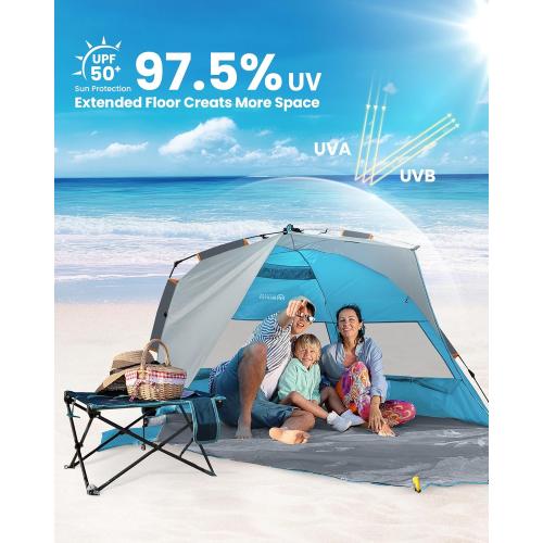 OutdoorMaster Beach Tent for 3-4 Person - Easy Setup and Portable Beach Shade Sun Shelter Canopy with UPF 50  UV Protection Removable Skylight Family Size