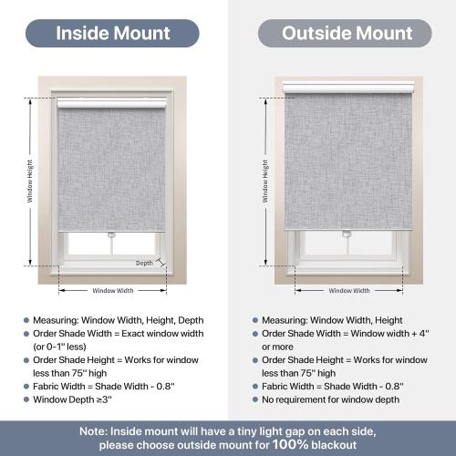 GENIMO 100% Blackout Roller Window Shades, Window Blinds Cordless with Thermal Insulated, UV Protection Fabric, Mini French Door Blinds for Home, Office, Bedroom, Easy to Install, Grey, 48 W X 75 H