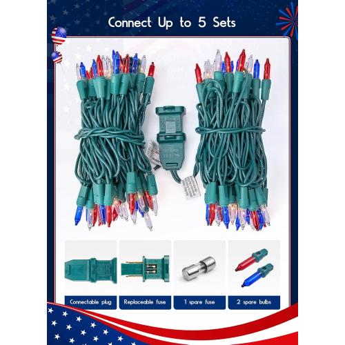 Minetom Red White Blue Lights Green Wire 100 Count 4th July Decoration | Patriotic Christmas Mini String Lights Waterproof for Indoor Outdoor Xmas Holiday Party Patio Independence Day Decoration