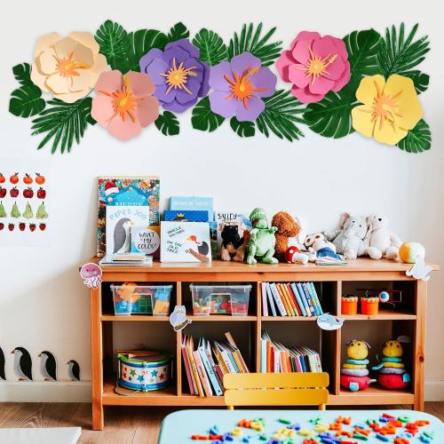 Lincia 40 Pcs Hawaiian Hibiscus Decorations Large Paper Flowers and Artificial Tropical Leaves, 11.8''/7.9'' Jumbo 3D Paper Flowers Faux Leaves for Luau Party Birthday Wedding (Classic Color)