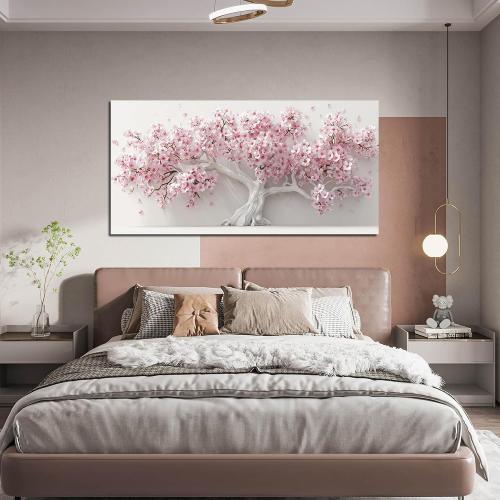 AOZEMI White Wall Art for Living Room Bedroom Home Office Pink Wall Decor Large Tree Pictures Art Flower Artwork Modern Floral Canvas 29x 59