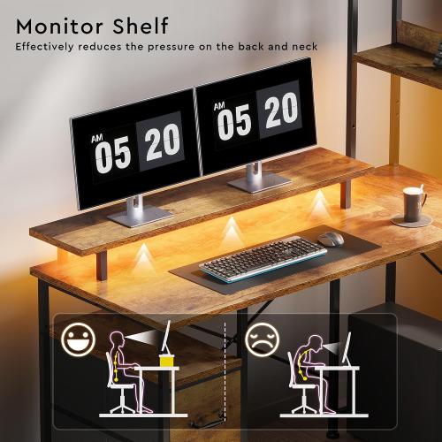 Maihail L Shaped Desk with Shelves,Reversible Computer Desk with LED Lights and Charging Station,Home Office Corner Desk with Monitor Stand,Brown2