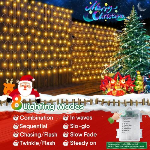 Hezbjiti Battery Operated Christmas Net Lights Outdoor 100 LED 5FT x 3.3FT Waterproof Timed Memory Mesh Lights for Xmas Trees Bushes Garden Yard Lawn Patio Christmas Decor (1 Pack Warm White)
