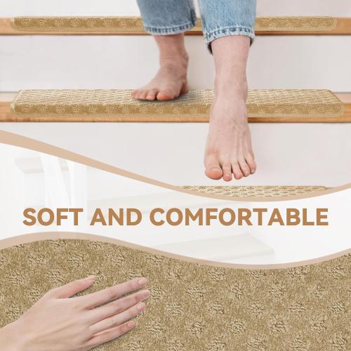 Size 9.5x30 2 Pcs Color Brown  Stair Treads Non Slip 9.5 x 30, 2 Pcs Carpet Stair Treads for Wooden Steps Indoor with Edge Protection, Reusable Peel and Stick TPU Backing Stair Runner Rugs - Lattice Pattern Beige