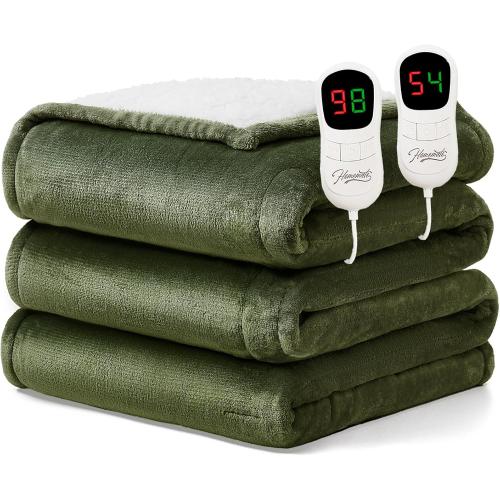 Homemate Electric Heated Blanket Queen Size - 84x90 Heating Blanket Queen Size Dual Control 1/2/4/6/8 Hours Auto-Off 10 Heat Level Over-Heat Protection Flannel Sherpa ETL Certification