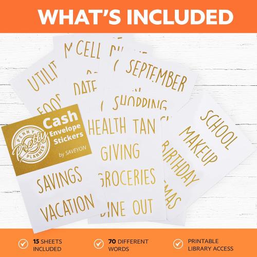 SAVEYON Gold Budget Binder Stickers - 70 Pcs Waterproof Financial Management Labels for Cash Envelopes, Planners