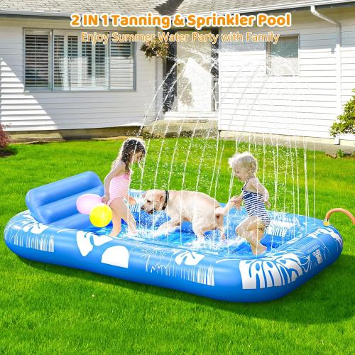 Inflatable Tanning Pool Lounger Float with Sprinkler, 77 x 48 Pool Floats Adult with Pillow, 6 in 1 Suntan Tub Raft Floatie with Drink Holder Sunbathing Water Lounge