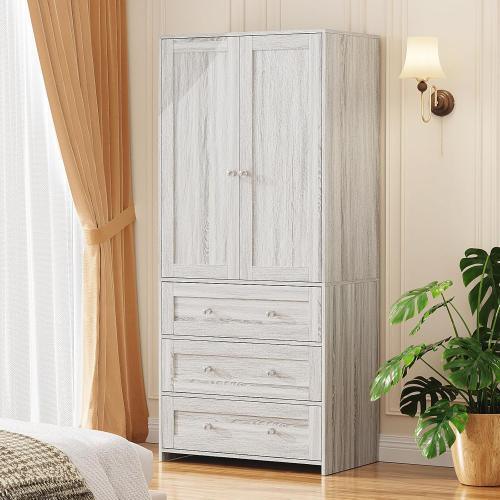 Armoire Wardrobe Closet with Drawers Gray Oak and Mirror, Clothing Storage Cabinet with Hanging Rod, 2 Doors Wooden Wardrobe Cabinet for Bedroom, Large Capacity Storage
