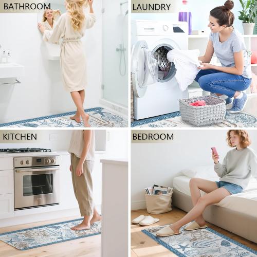 Coastal Rugs for Kitchen Floor, Beach Anti Fatigue Mats for Kitchen Floor Non Slip, 2PCS Rubber Ocean Coral Kitchen Mat, Washable Cushioned Runner Carpet for Sink Laundry 15.7×27.5  15.7×47 3.5mm