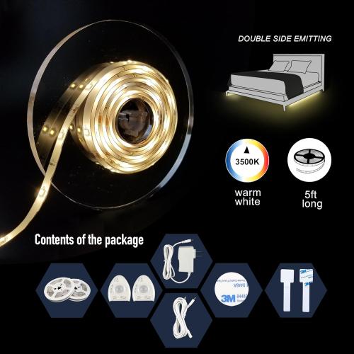 Under Bed Lights Motion Sensor, Motion Activated Bed Lighting,12V Power Adapter, Dimmable LED Strip Night Light for Bedroom,Stairs,Crib,Cabinet,Warm White -2 x 5FT -Dual Kit