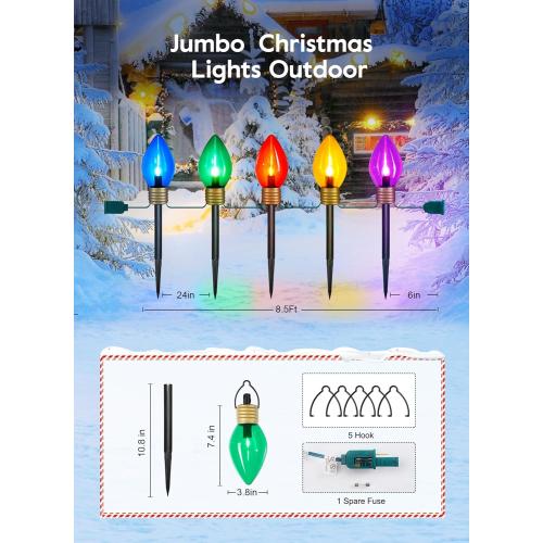 Jumbo C9 Christmas Pathway Lights Outdoor - 8.5 Feet 5 LED C9 Walkway Light, C7 Light Covered Jumbo Multicolor Bulb Christmas Lights Outdoor Decorations for Lawn Holiday Outside Yard Garden
