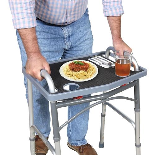 Support Plus Walker Tray Table - Mobility Table for Walker With Non-Slip Mat, Accessories, and Cup Holder (21x16) - Gray