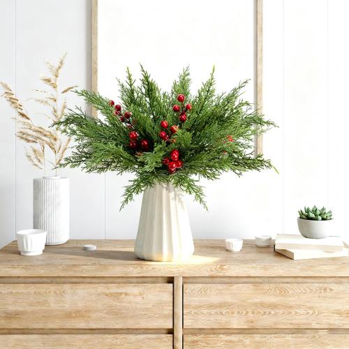 60 Pcs/Set Christmas 3D Artificial Pine Branches- 12.5 Inch Faux Evergreen Cedar Sprigs Branches- Fake Foliage Pine Needles Picks with Artificial Red Berry Stems for DIY Christmas Decoration