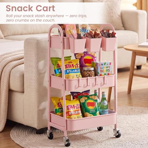 danpinera 3-Tier Rolling Cart, Utility Cart Mobile Metal Rolling Storage Cart with Lockable Wheels & Hanging Cups & Hooks for Kitchen, Bathroom, Office, Workshop, Pink