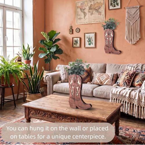 Havawish 2 Pcs Western Wall Decor Wood Cowboy Boots Wall Planter for Indoor Plants 12 x 8'' Western Boot Flower Hanging Vase for Flower Faux Rustic Home Decor for Bathroom Bedroom(Retro Style)
