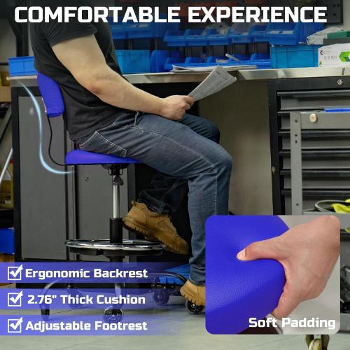 Rolling Shop Stool with Wheels, Garage Mechanic Stool Chair with Backrest, Height Adjustable Heavy Duty Swivel Task Chair, Adjustable Footrest with Storage Tray for Garage Kitchen Salon Tattoo (Blue)