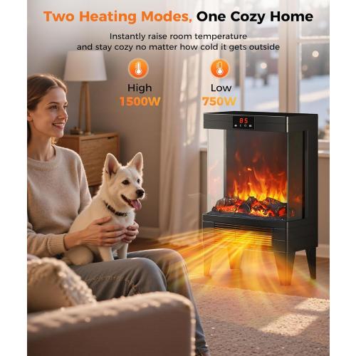 Electric Fireplace Stove Heater - Freestanding Fireplace Heater for Indoor Use with Realistic 3D Flame, Adjustable Thermostat & Remote, Quiet, Timer for Living Room and Bedroom