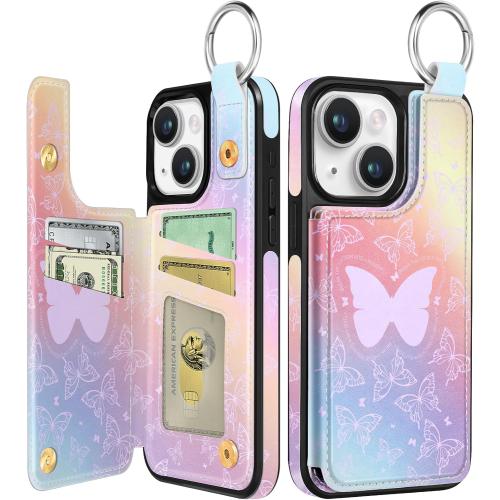 Shorogyt Compatible with iPhone 13 Wallet Case with Card Holder - Designer PK Butterfies Pattern Kickstand Magnetic Clasp Back Flip Folio Leather Phone Covers for Women Men Girls
