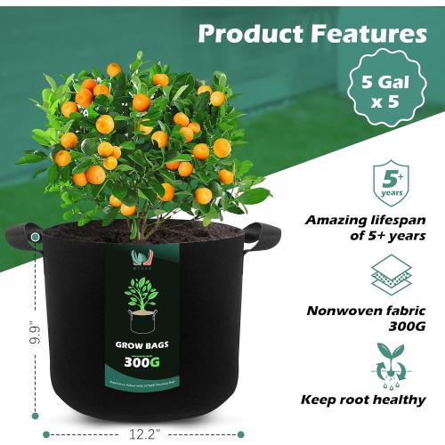 5-Pack 5 Gallons Grow Bags - Heavy Duty 300G Thickened Aeration Nonwoven Fabric Pots with Handles - Ideal Cloth Pots for Plants - Planters Accessories, Garden Vegetables Supplies