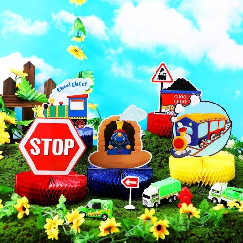 Spakon 9 Pcs Train Birthday Party Decorations Railroad Train Crossing Centerpiece Table Decorations Railway Honeycomb for Kids and Baby Shower Railroad Crossing Sign Table Toppers Photo Booth Prop