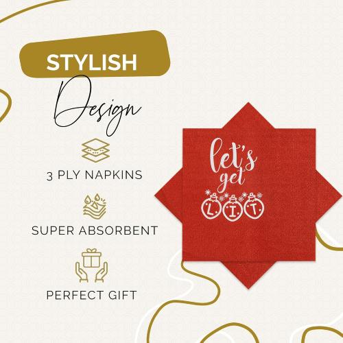 Christmas Napkins – 52 Pack Christmas Party Decorations with “Let's Get Lit” Design – Friendmas Napkins for Holiday Table, Friends Gatherings, and Festive Celebrations