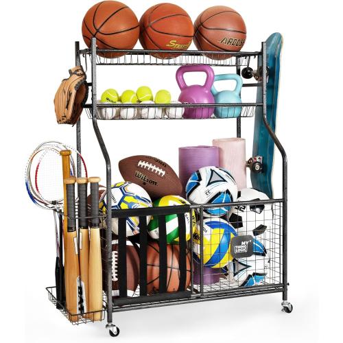 Mythinglogic Garage Sports Equipment Organizer, Baseball Storage Large Capacity, Sports Organizer for Garage with Hooks and Baskets, Ball Storage Rack for Football, Soccer Ball, Bat, Toys
